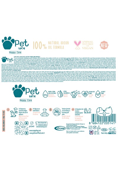 Pet Love Evcil Hayvan Temizleme Mendili Doğal Argan Yağlı 4 x 60 Adet