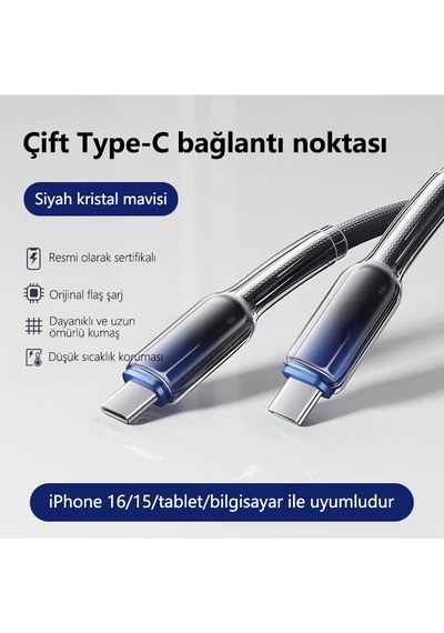 1 Metre Type C İle Apple Uyumlu iPhone 16 Ve Üstü Buz Cep Telefonu Şarj Kablosu Kristal Dokuma 65w Hızlı c 1m Uyumludur
