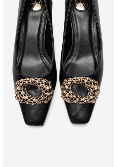 Luvi Shoes Marte Siyah Cilt Tokalı Kadın Kısa Topuklu Ayakkabı