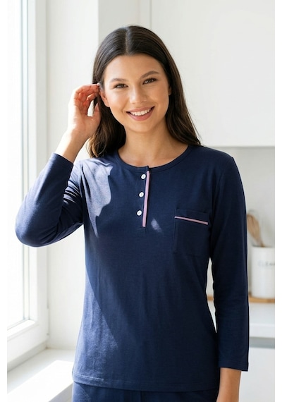 Aura Collections Kadın Pamuklu Uzun Kollu Üç Düğmeli Biyeli Soft Örme Pijama Takımı Lacivert