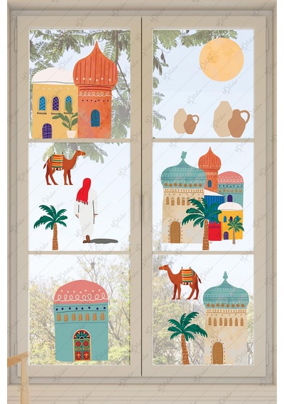Ramazan Şehri Evler Develer Ağaçlar Sticker Seti, Ramazan-ı Şerif Eğitici Öğretici Sticker Çok Renkli