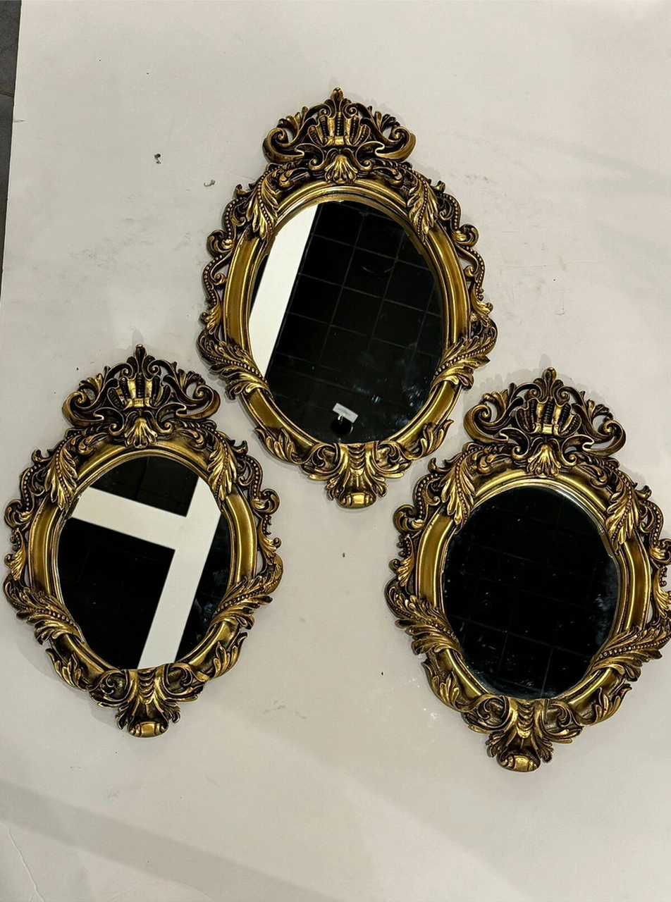 Dekoratif Polyester Üçlü Yaprak Ayna Takımı Gold Eskitme