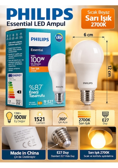 1 Adet 13w Sarı Işık 2700k E27 Duylu Kalın Duy Led Ampul