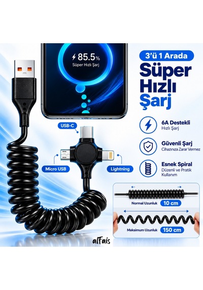 Alfais 6047 Usb Hızlı Telefon Data Şarj Kablosu 120w 3in1 Spiral Yaylı Type C Micro Lightning Veri