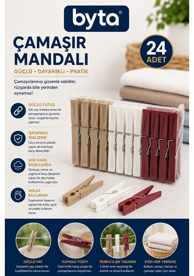 24'lü Plastik Çamaşır Mandalı Güçlü Yaylı Dayanıklı Renkli Mandal Seti Çamaşır Askı Mandalı Diğer