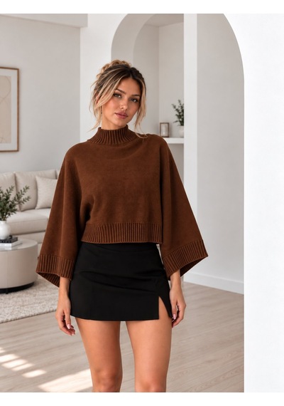Lima Kahve Kadın Yarım Balıkçı Yaka Yarasa Kol Oversize Crop Triko Kazak