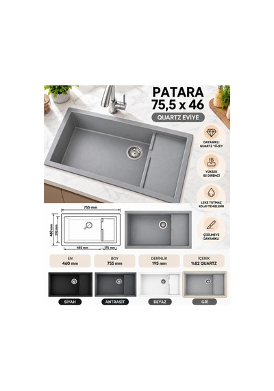 Granit Evye Patara Series Gri Renk En:460 Mm Boy :755 Mm Derinlik :195 Mm