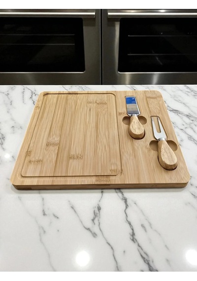 Doğal Bambu Bıçaklı Peynir Servis Sunum Tabağı Kahvaltı Sunum Tahtası Seti 3 Parça 30x25 Cm Kahverengi
