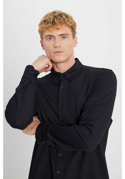 AC&Co / Altınyıldız Classics Erkek Sıyah Pamuklu Tailored Slim Fit Dar Kesim Düğmeli Yaka Örme Gömlek Siyah