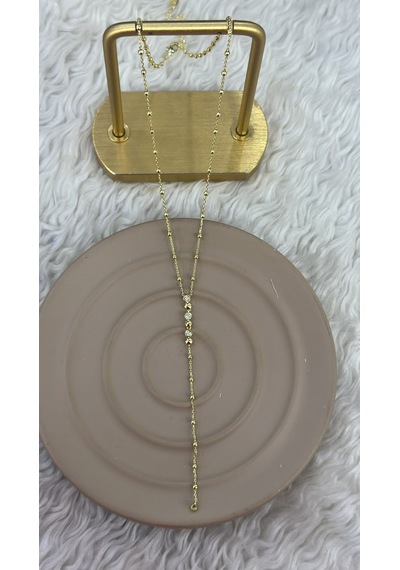 Premium Parlak Ve Şık Taş Sıralı Sallantılı Gold Renk Y Model Kadın Çelik Kolye 45 Cm Altın