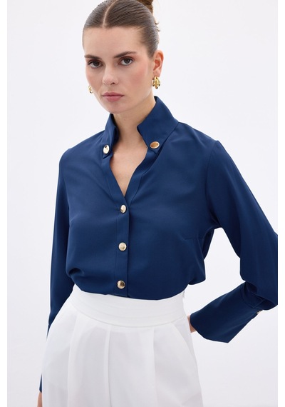 Sateen Çıt Çıt Detaylı Gömlek - İndigo-136557 İndigo