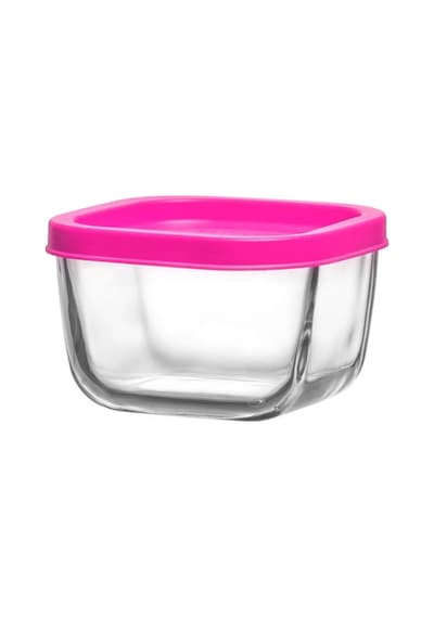 Lav Cube Cam Saklama Kabı 4'lü Küçük Boy 270 ml Kare Pembe Plastik Kapaklı (Kahvaltılık )