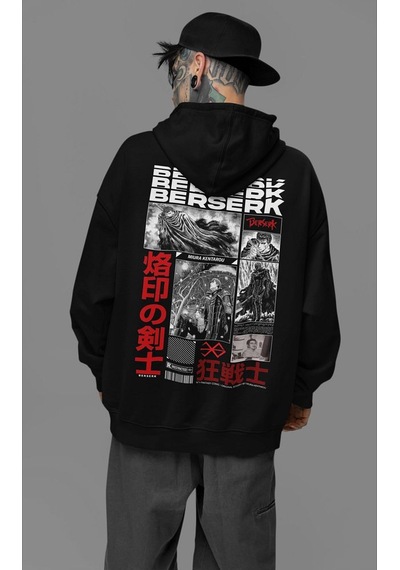 Sevbano Berserk Baskılı Unisex Oversize Anime Hoodie Siyah