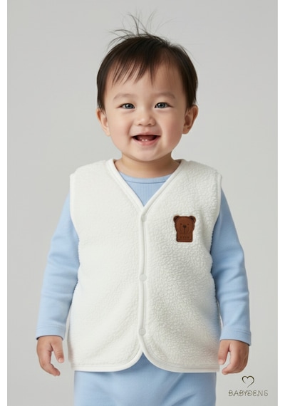 Babyden's Welsoft Erkek Bebek Çocuk Çıtçıtlı Yelek Ayıcık Armalı, Yumuşak Peluş Bebek Yeleği Ekru