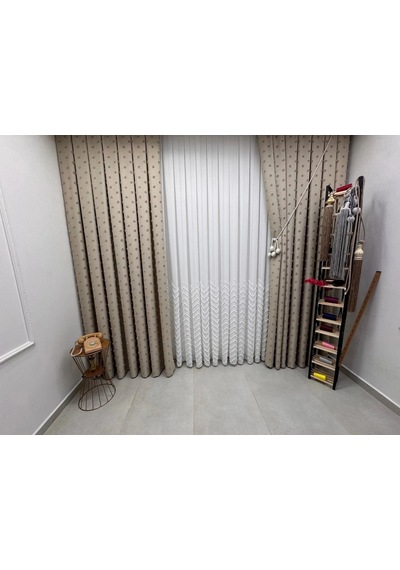 Nivemeshome Yakamoz 1-053p Yarı Desen Ekru 1/2,5 Pileli Tül Perde