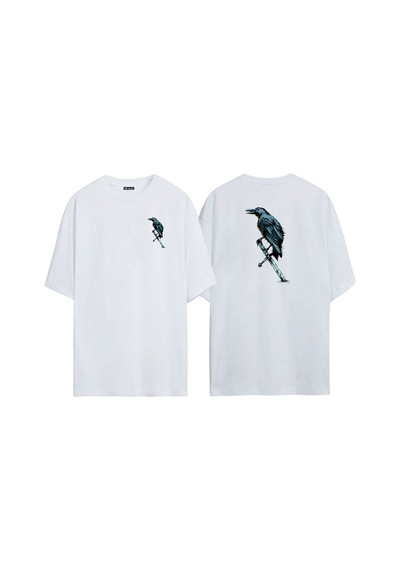 Thewert Unisex Mavi Ve Siyah Karga İllüstrasyon Ön Arka Baskılı Beyaz Oversize T-shirt