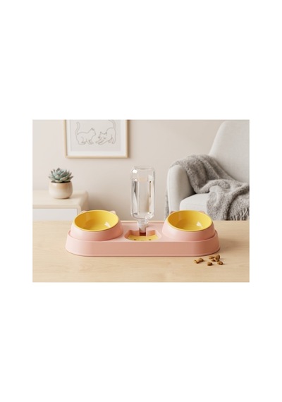 Pembe Kedi Köpek Mama Ve Su Kabı Seti Otomatik Su Hazneli Çift Mama Kabı 42x16,5 Cm
