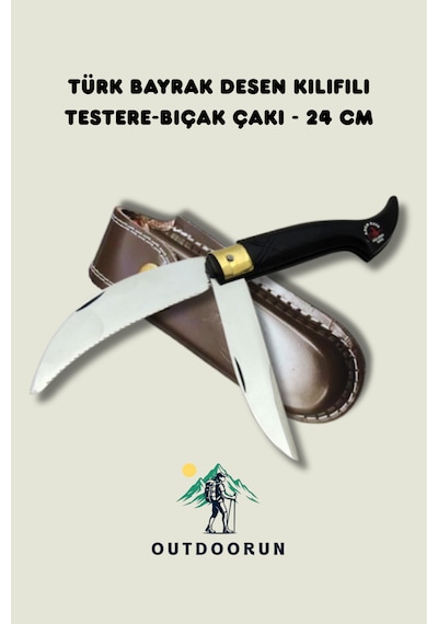 Outdoorun Türk Bayrak Desen Kılıflı Testere-Kamp Bıçak Kamp Çakı - 24 Cm siyah