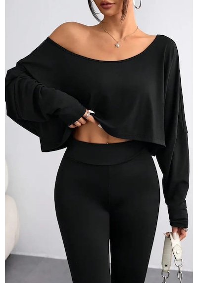 Kadın Düşük Omuz Kayık Yaka Oversize Uzun Kollu Crop T-shirt Siyah