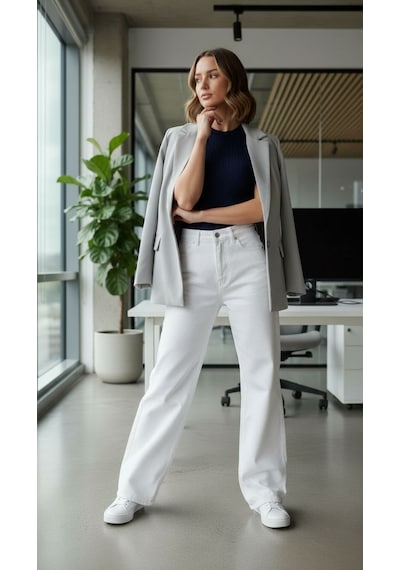Beyaz Yüksek Bel Denim Palazzo Pantolon- Bol Paça Şık Model Beyaz