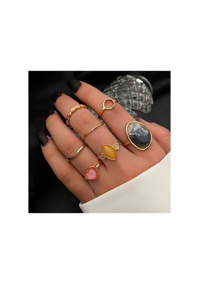 Passion Gold Altın Renkli Siyah Taşlı Vintage Bohem 6 Parça 6'lı Yüzük Seti Koyu Gri