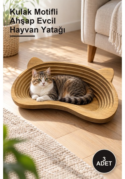 3 Adet Kulak Motifli Ahşap Evcil Hayvan Yatağı