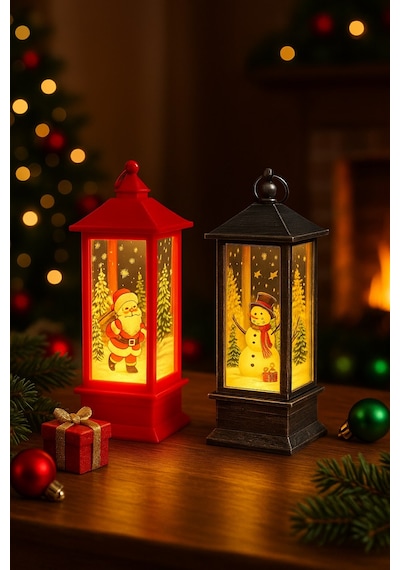 Led Işıklı Noel Feneri 2 Li Set Noel Baba & Kardan Adam Temalı Dekoratif Yılbaşı Lambası 14 Cm 12 CM