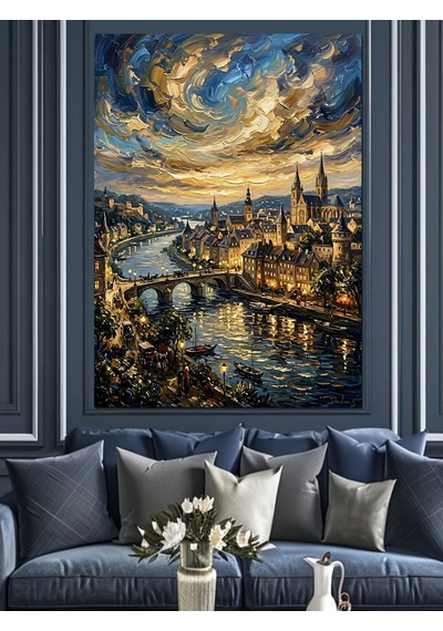 Van Gogh Tarzı Nehir Ve Şehir Ve Yıldızlı Gece Dekoratif Kanvas - Mdf Ahşap Tablo Çok Renkli