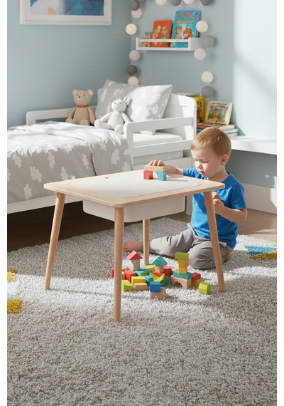 Montessori Çocuk Ahşap Oyun Etkinlik Çalışma Masası, Saklama Alanlı Çok Renki