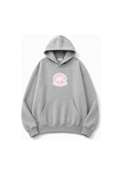 Herkesemoda İnci Baskılı Kapüşonlu 2 İplik Şardonlu Sweatshirt Gri