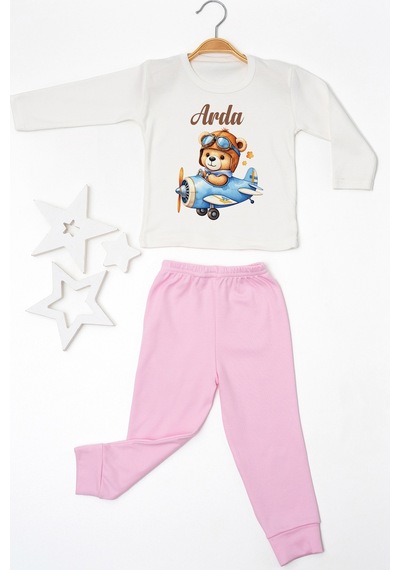 Pia Baby İsme Özel Erkek Çocuk Pijama Takımı %100 Pamuk Penye İsim Baskılı Kişiye Özel Çocuk Pijaması 10137p14pi Krem