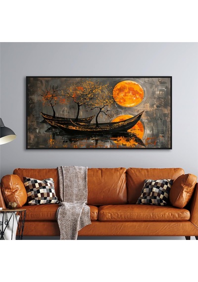 Yağlı Boya Dokulu Tablo Modern Güneş Ve Gondollar Siyah Çerçeveli U06020-178985