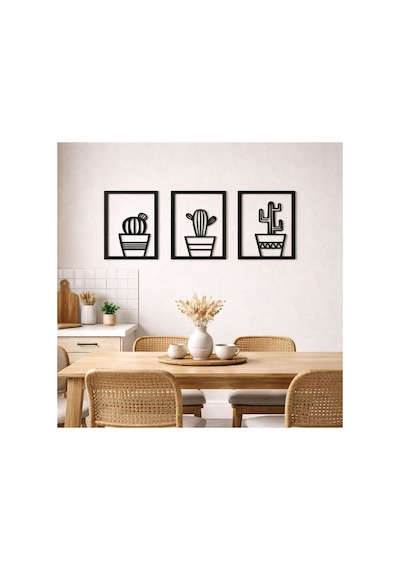 Arliadesign 3 Parçalı Kare Şeklinde Kaktüsler Ahşap Tablo Seti / Duvar Dekoru / Siyah 3 Mm Mdf