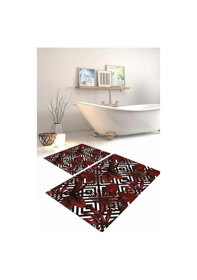 Buççin Online Mağaza Dijital Baskılı Yıkanabilir Klasik Çiçek Desenli Banyo Paspası Klozet Takımı Polyester Kırmızı Çok Renkli