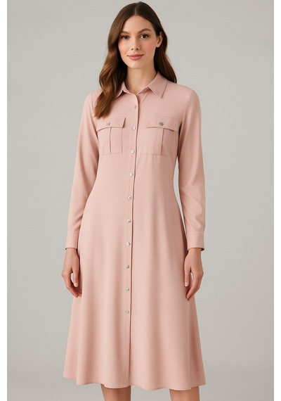 Rich Kadın Pudra Pembe Cepli Midi Gömlek Elbise Pudra Pembe