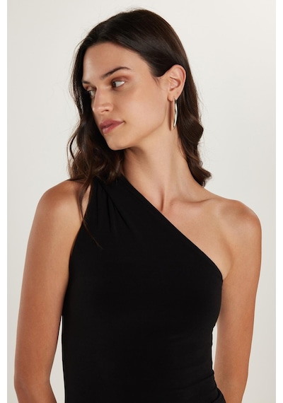 Tudors Kadın Slim Fit Dar Kesim Tek Omuz Askılı Siyah Elbise-34662 Siyah