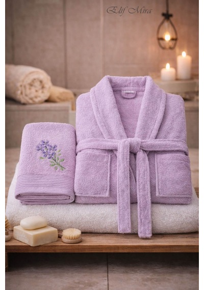 Tek Kişilik Banyo Havlulu Bornoz Seti Pamuklu Bukle Şalyaka Nuvia Lila