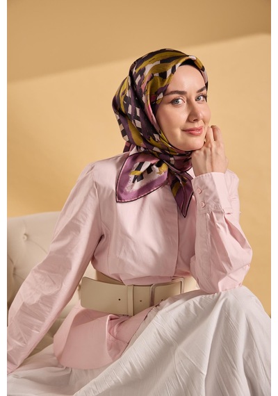 Silk Home Twill İpek Eşarp Şerit Yağ Yeşili Çok Renkli