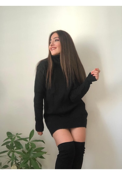 Kadın Siyah Balıkçı Yaka Selanik Örme Triko Kazak Tunik Siyah
