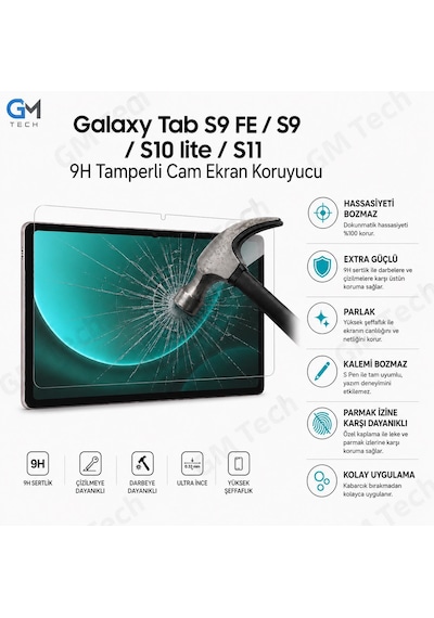 Samsung Galaxy Uyumlu Tab S9 Fe / S10 Lite / S11 Temperli Cam Ekran Koruyucu Kalem Hassasiyetini Bozmaz