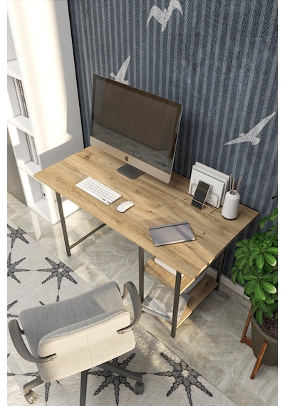 VayAvm 2 Raflı Çalışma Bilgisayar Masası 60 x 120 CM Çam Açık Kahverengi