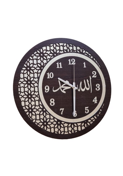 Ahşap Ve Aynalı Allah-muhammed Motifli Duvar Saati Sessiz Saat Gümüş - Siyah