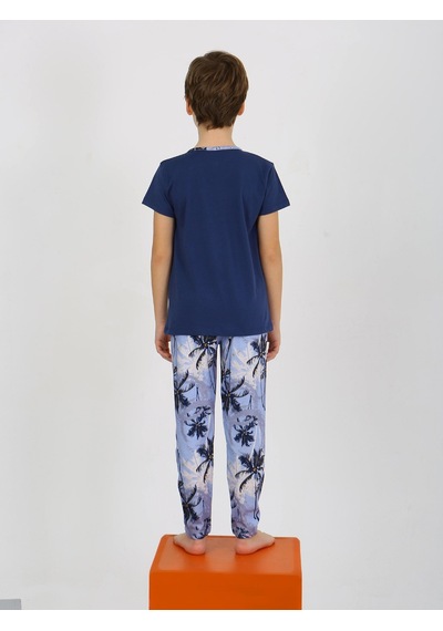 Vitmo Erkek Çocuk Kısa Kollu Düğme Detaylı %100 Pamuklu Pijama Takımı The Palm Lacivert