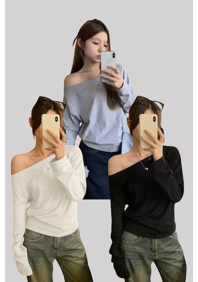 Siyah Beyaz Gri 3 Lü Paket Kadın Düşük Omuz Kayık Yaka Oversize Uzun Kollu T-shirt Beyaz