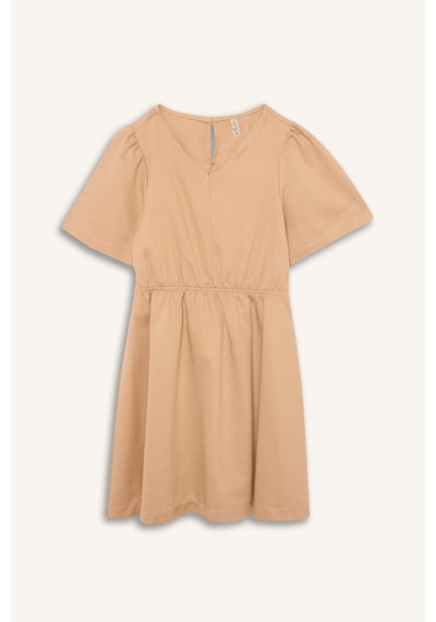 DeFacto Kız Çocuk Standart Fit V Yaka Gabardin Kısa Kollu Elbise E2645A825SMBG388 Bej