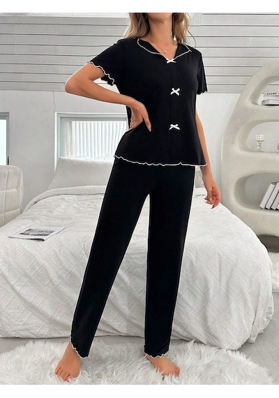 Bella Notte Pamuklu Siyah Fiyonk Detaylı Mevsimlik Pijama Takımı