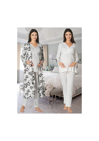 Dvina Effortt Lohusa Sabahlıklı Pijama Takımı Ekru - 8094 Ekru