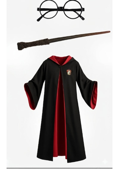 Kg Harry Potter Premium Kostüm Seti Cübbe Asa Gözlük Seti Gryffindor Slytherin Hufflepuff Kırmızı
