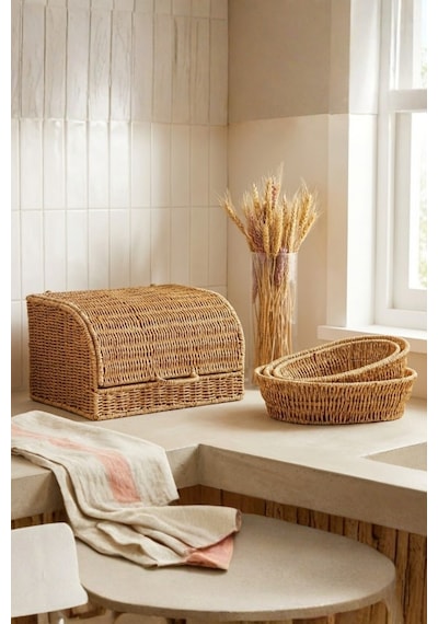 Mien Doğal Rattan 3’lü Hasır Set | Kapaklı Ekmek Sepeti ve Dekoratif Sunum Sepetleri