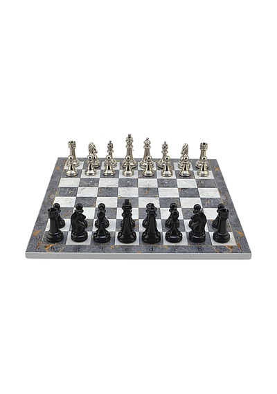 Gifthome Premium Black Metal Klasik Satranç Takımı Ve Gri Mermer Desenli Mdf Satranç Tahtası 37x37 Cm.